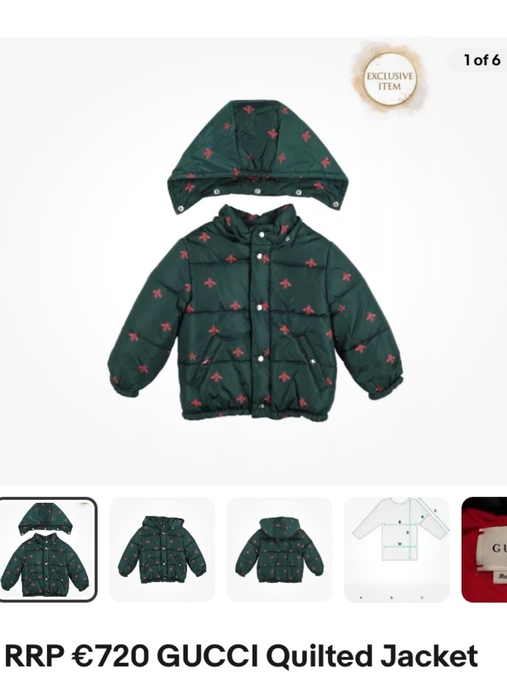 Gucci Dark Green Quilted Kids Puffer Jacket with Pink Bee Motif